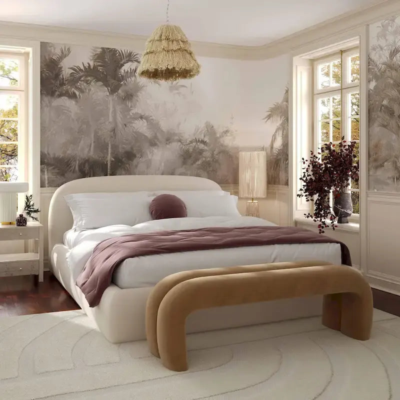 Lit king-size en velours texturé couleur crème