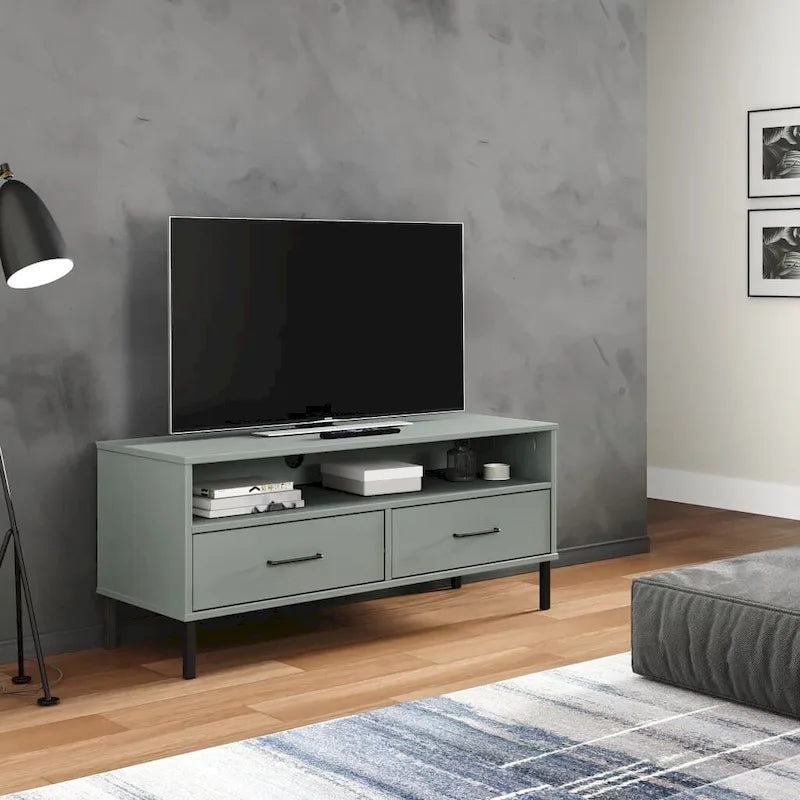 Meuble TV XL/Meuble TV/Console TV, pieds en métal, bois de pin massif - 41,7 x 15,7 x 18,3 cm