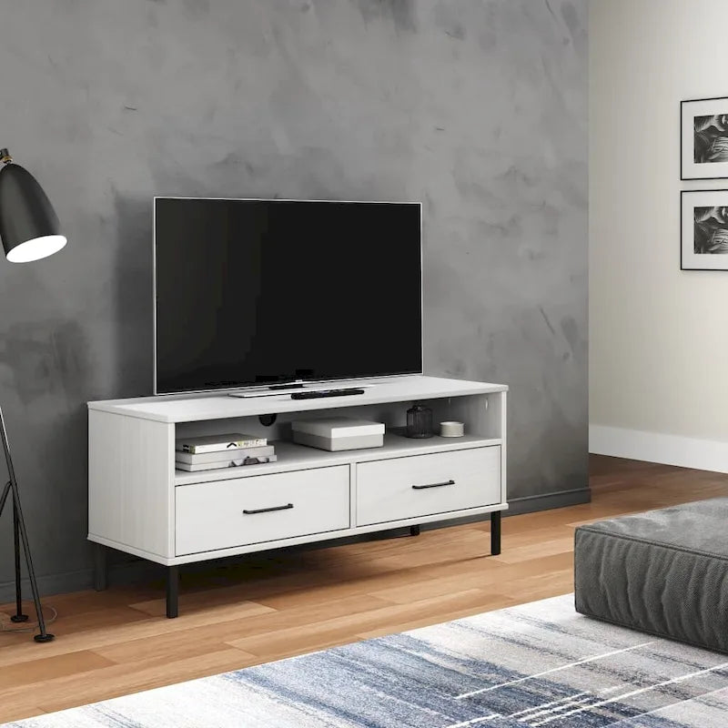 Meuble TV XL/Meuble TV/Console TV, pieds en métal, bois de pin massif - 41,7 x 15,7 x 18,3 cm