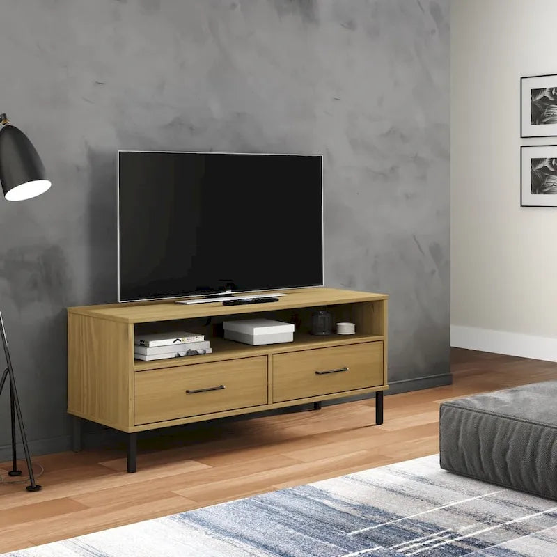 Meuble TV XL/Meuble TV/Console TV, pieds en métal, bois de pin massif - 41,7 x 15,7 x 18,3 cm