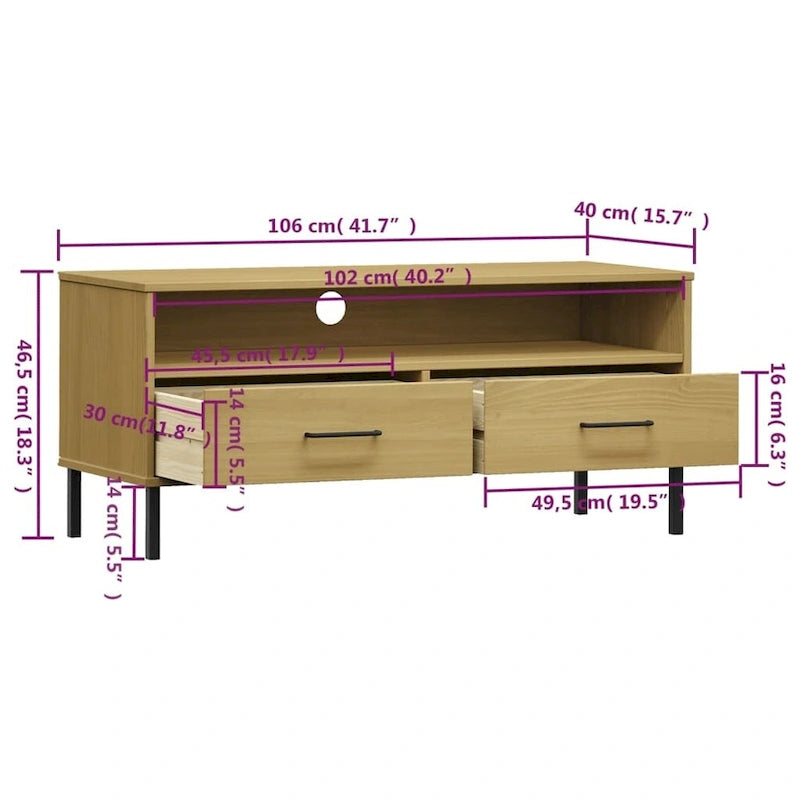 Meuble TV XL/Meuble TV/Console TV, pieds en métal, bois de pin massif - 41,7 x 15,7 x 18,3 cm
