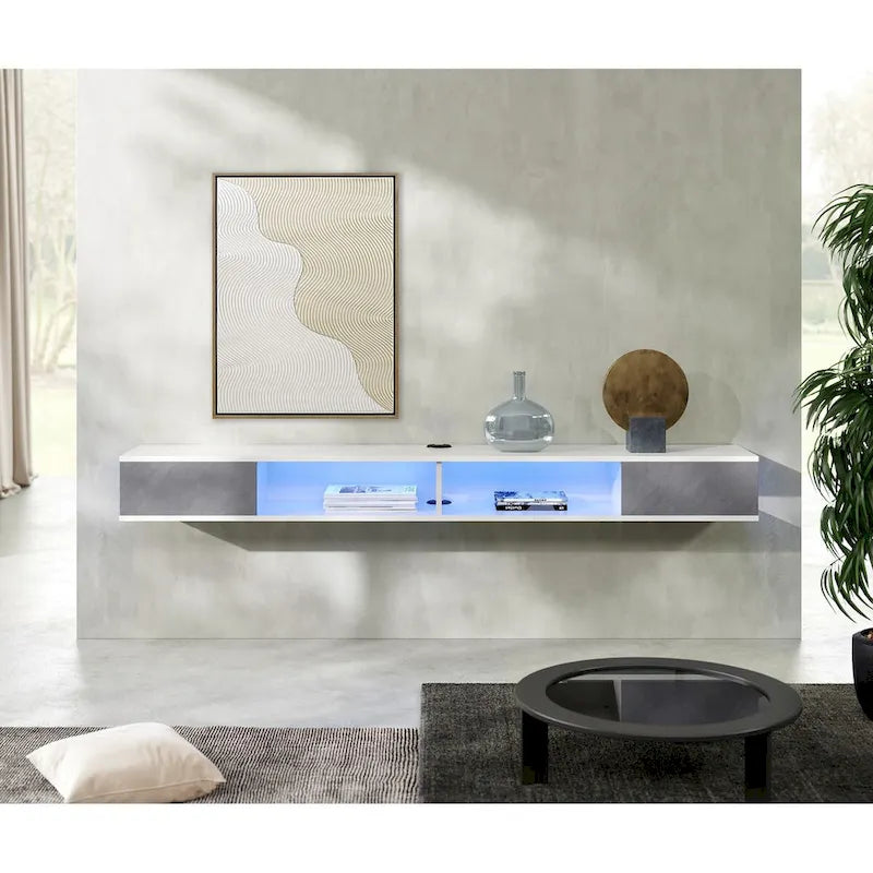 Meuble TV flottant, mural, adapté aux salons et chambres à coucher, un centre de divertissement suspendu, disponible en blanc et gris.