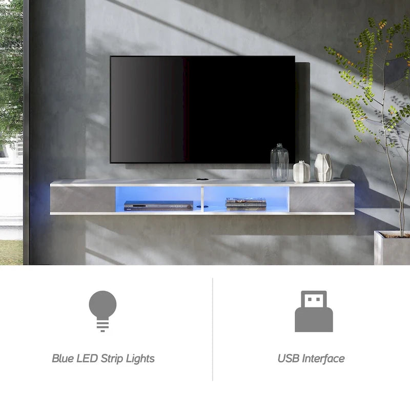 Meuble TV flottant, mural, adapté aux salons et chambres à coucher, un centre de divertissement suspendu, disponible en blanc et gris.