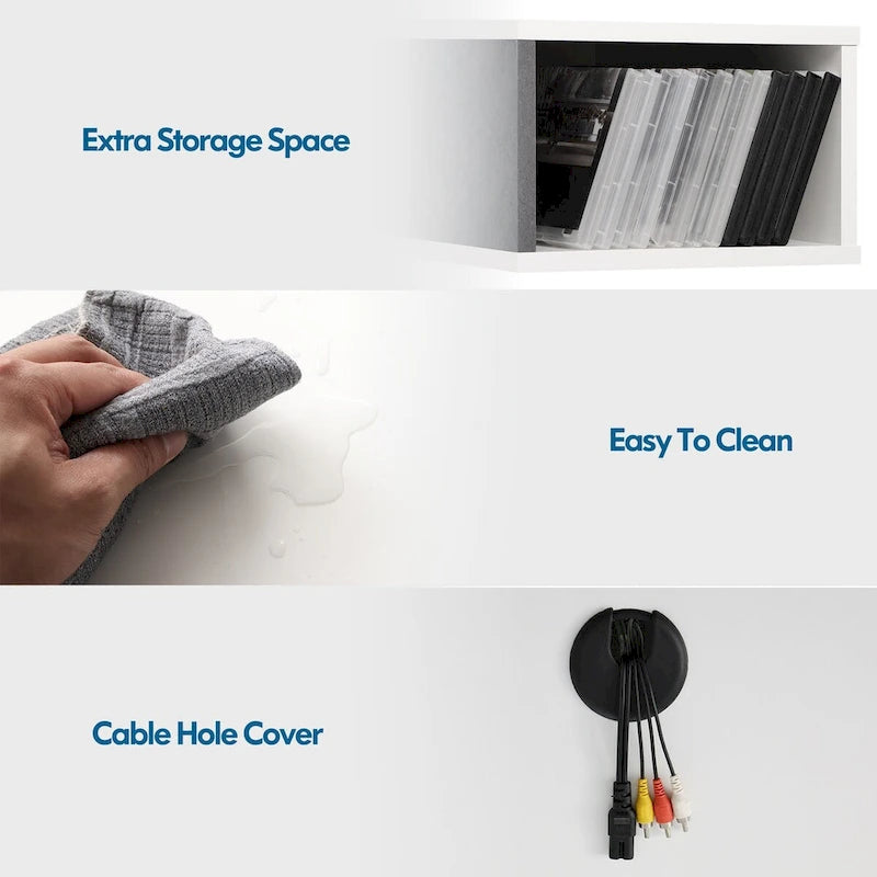 Meuble TV flottant, mural, adapté aux salons et chambres à coucher, un centre de divertissement suspendu, disponible en blanc et gris.