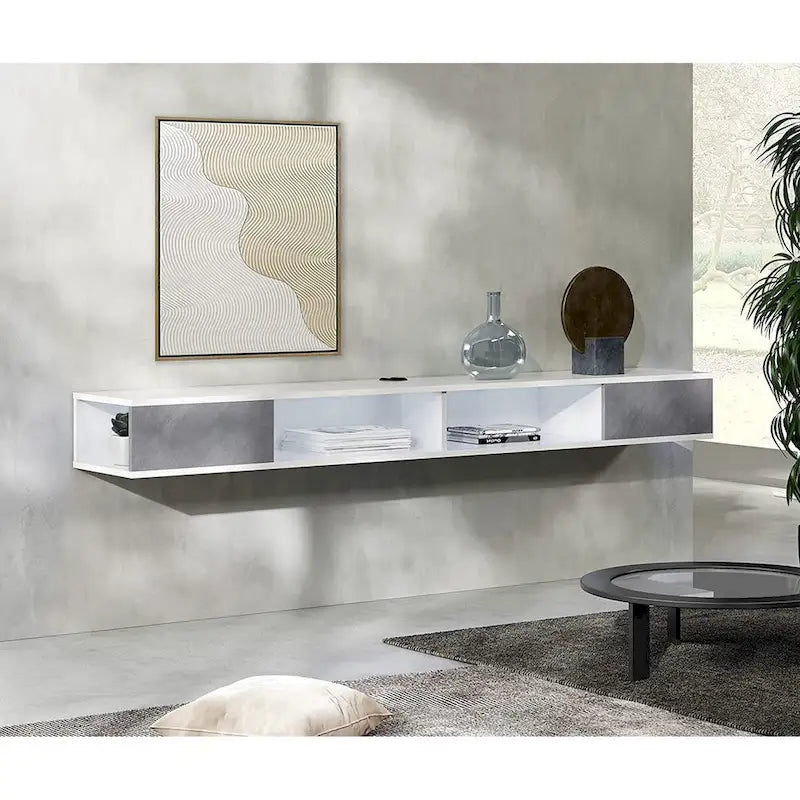 Meuble TV flottant, mural, adapté aux salons et chambres à coucher, un centre de divertissement suspendu, disponible en blanc et gris.