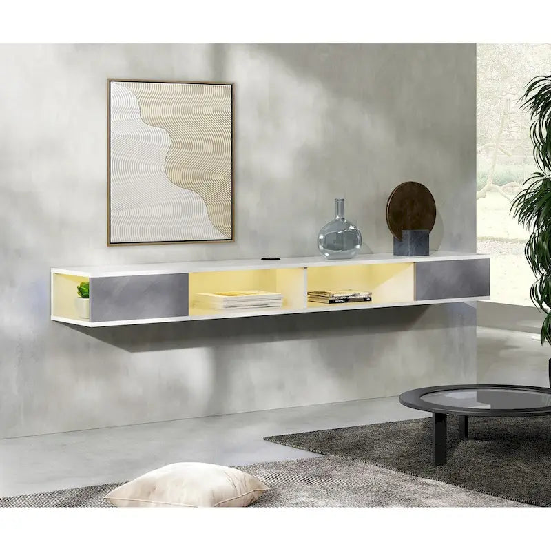 Meuble TV flottant, mural, adapté aux salons et chambres à coucher, un centre de divertissement suspendu, disponible en blanc et gris.