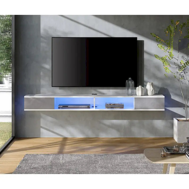 Meuble TV flottant, mural, adapté aux salons et chambres à coucher, un centre de divertissement suspendu, disponible en blanc et gris.