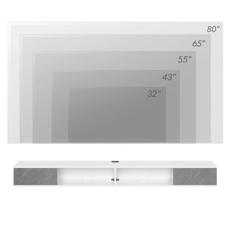 Meuble TV flottant, mural, adapté aux salons et chambres à coucher, un centre de divertissement suspendu, disponible en blanc et gris.