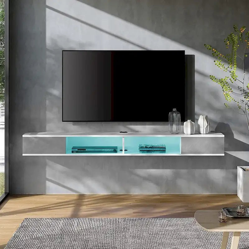 Meuble TV flottant, mural, adapté aux salons et chambres à coucher, un centre de divertissement suspendu, disponible en blanc et gris.