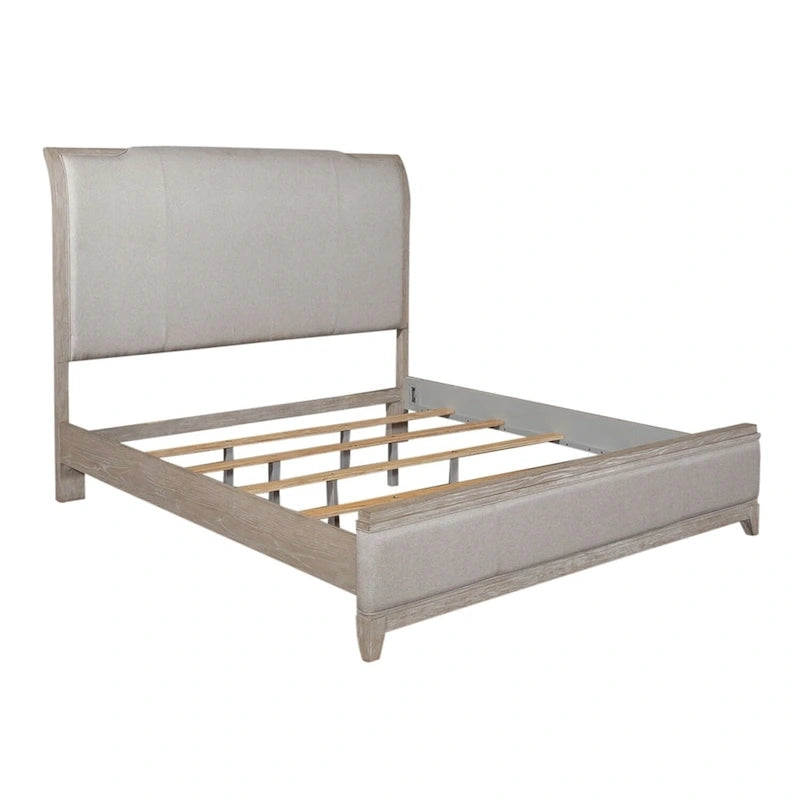 Lit King-size rembourré couleur taupe délavé et champagne argenté