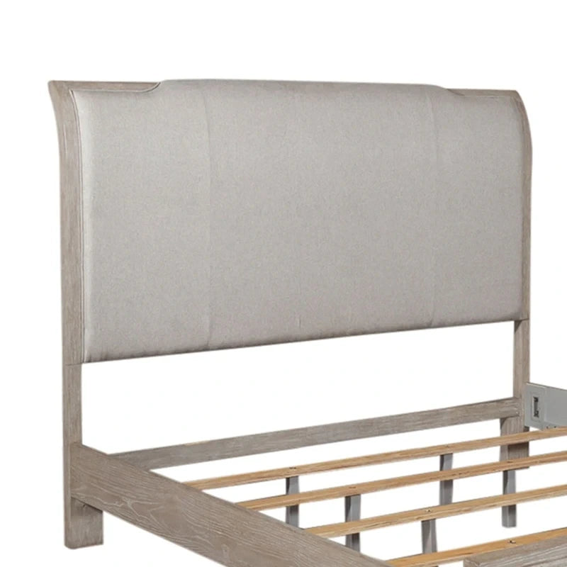 Lit King-size rembourré couleur taupe délavé et champagne argenté