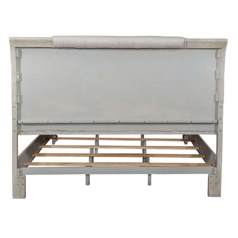 Lit King-size rembourré couleur taupe délavé et champagne argenté