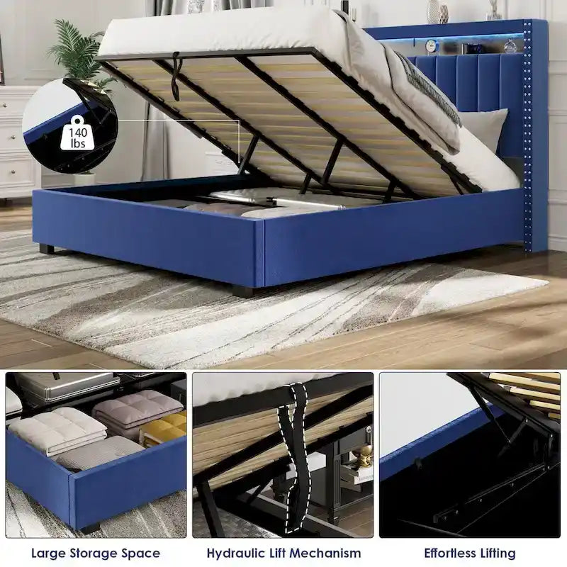 King Size Gas Lift Storage Bed with RF LED Lights, Storage Headboard, King Size Velvet