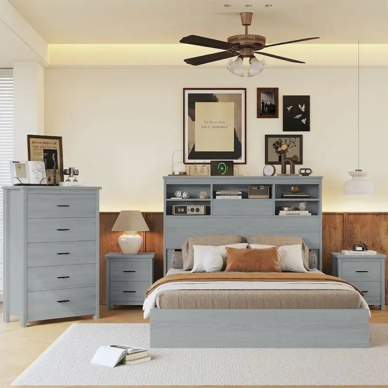 Ensembles de chambre à coucher 4 pièces grand lit (Queen Size) en bois vintage avec 2 tables de chevet et 1 commode