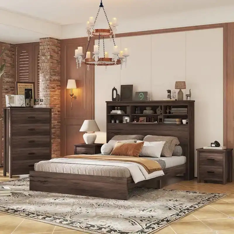 Ensembles de chambre à coucher 4 pièces grand lit (Queen Size) en bois vintage avec 2 tables de chevet et 1 commode