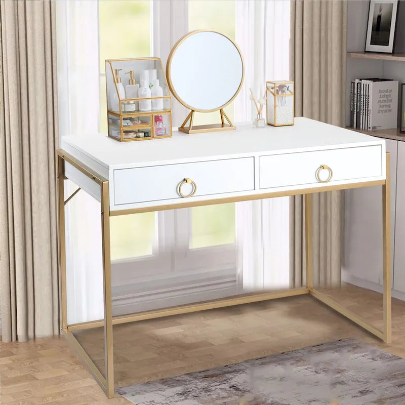 Bureau informatique moderne, coiffeuse/bureau blanc et or avec 2 tiroirs, convient pour un bureau à domicile.