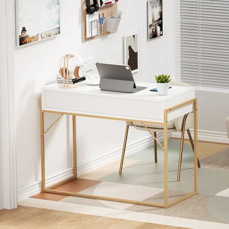 Bureau informatique moderne, coiffeuse/bureau blanc et or avec 2 tiroirs, convient pour un bureau à domicile.
