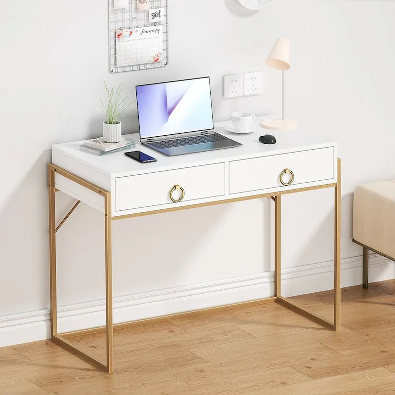 Bureau informatique moderne, coiffeuse/bureau blanc et or avec 2 tiroirs, convient pour un bureau à domicile.