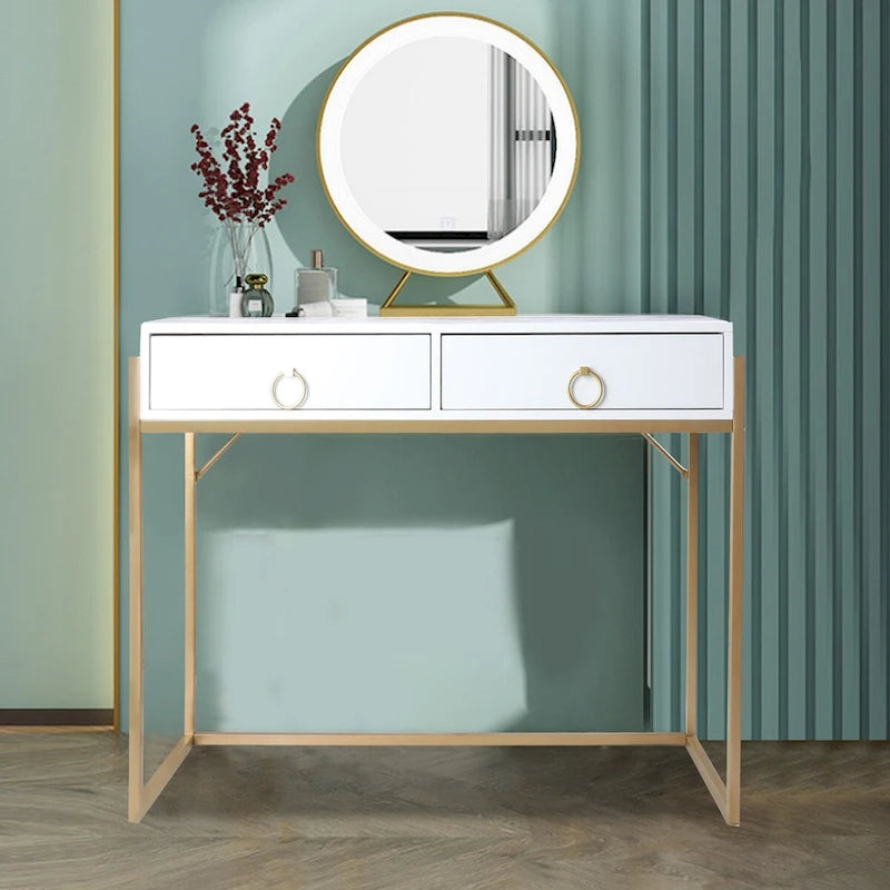 Bureau informatique moderne, coiffeuse/bureau blanc et or avec 2 tiroirs, convient pour un bureau à domicile.