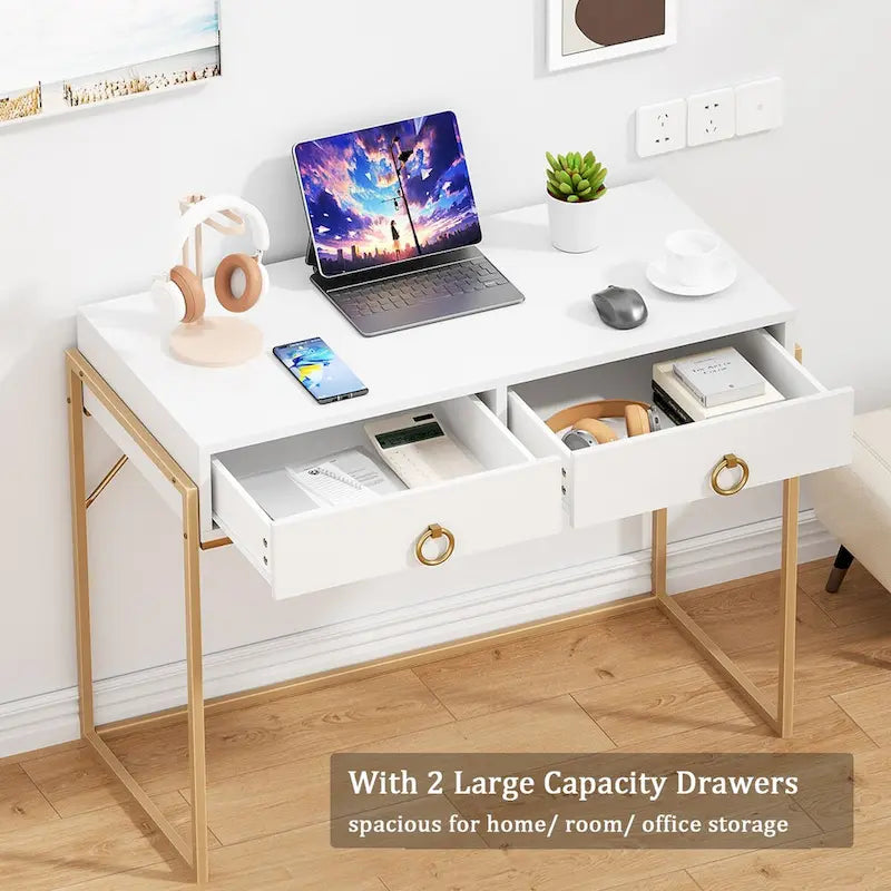 Bureau informatique moderne, coiffeuse/bureau blanc et or avec 2 tiroirs, convient pour un bureau à domicile.