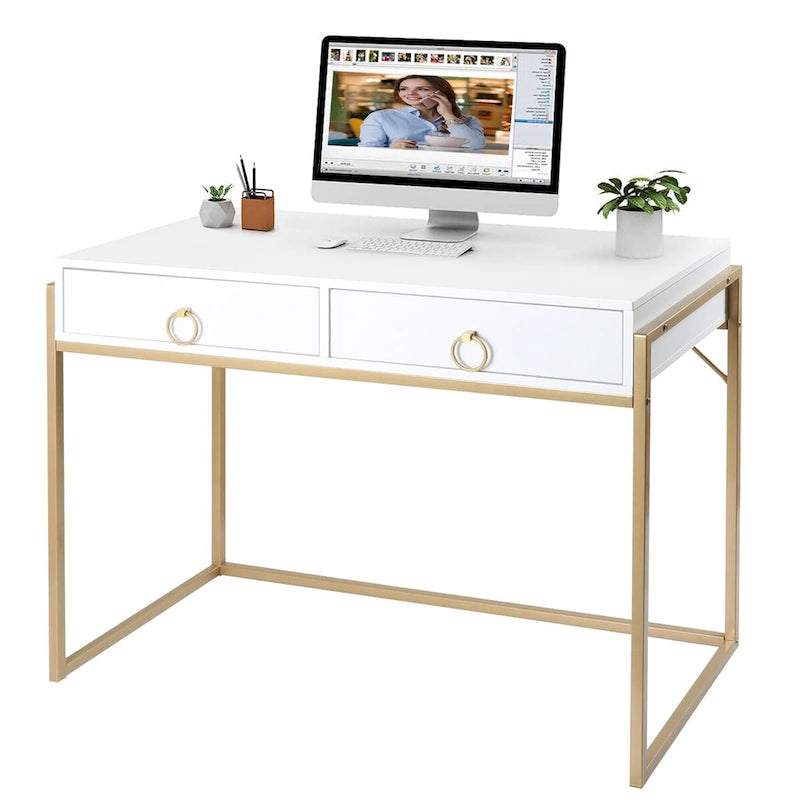 Bureau informatique moderne, coiffeuse/bureau blanc et or avec 2 tiroirs, convient pour un bureau à domicile.