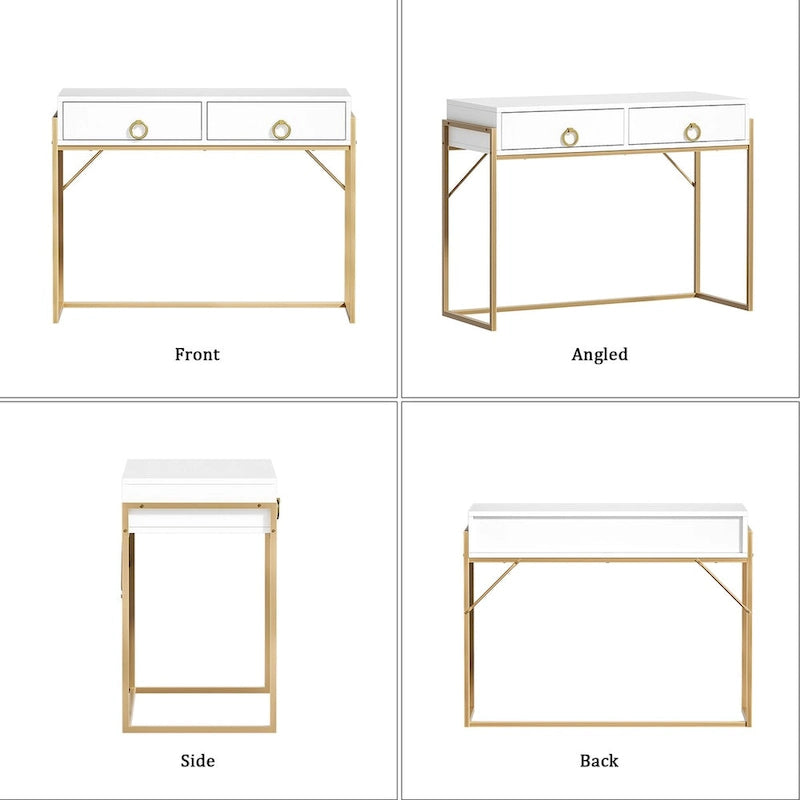 Bureau informatique moderne, coiffeuse/bureau blanc et or avec 2 tiroirs, convient pour un bureau à domicile.