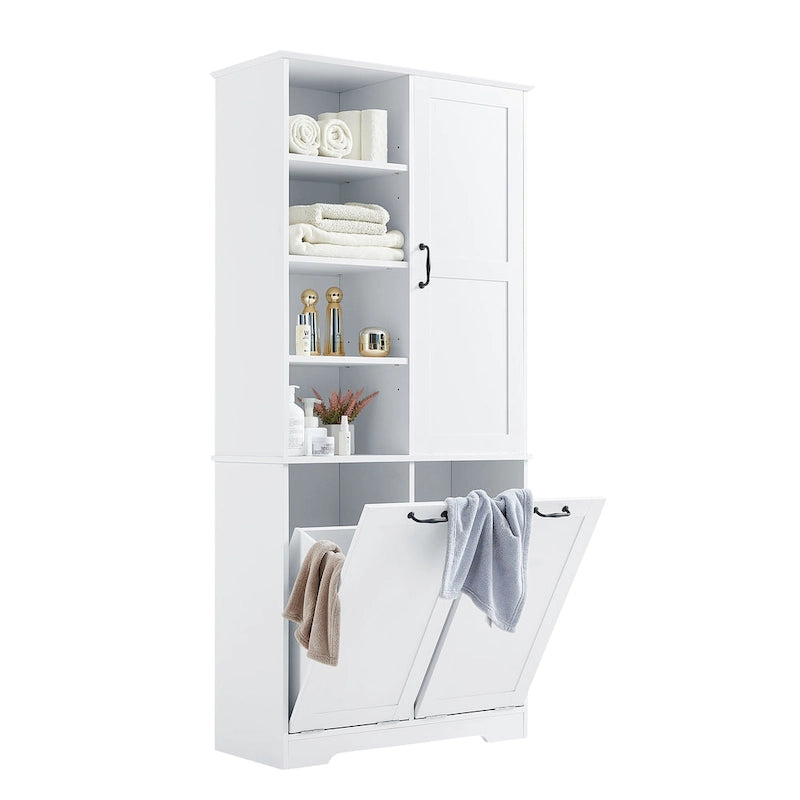 Meuble de Rangement de Salle de Bain avec Portes, Tiroirs et Panier à Linge Rabattable