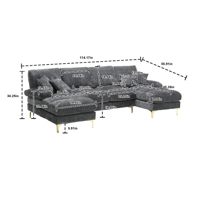 Canapé modulaire moderne en tissu chenille grand format en forme de U
