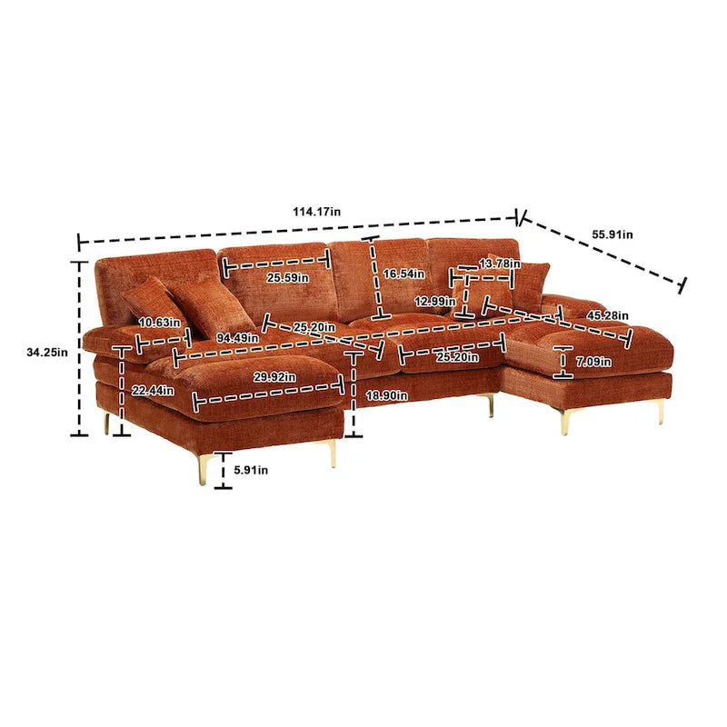 Canapé modulaire moderne en tissu chenille grand format en forme de U
