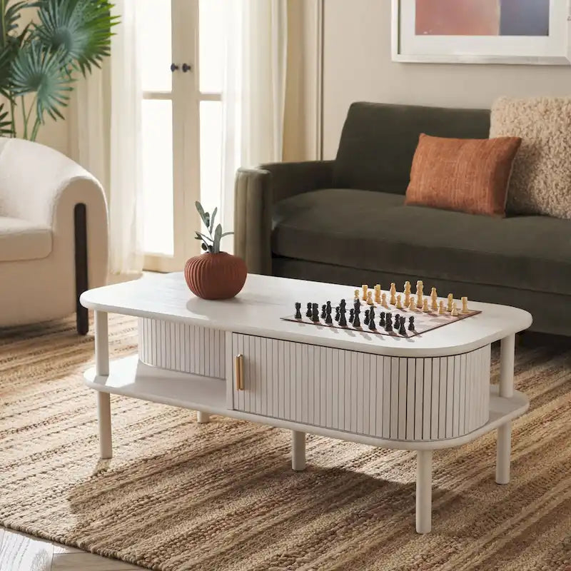Table basse porte roulante – 43 cm de large x 22 cm de profondeur x 17 cm de haut